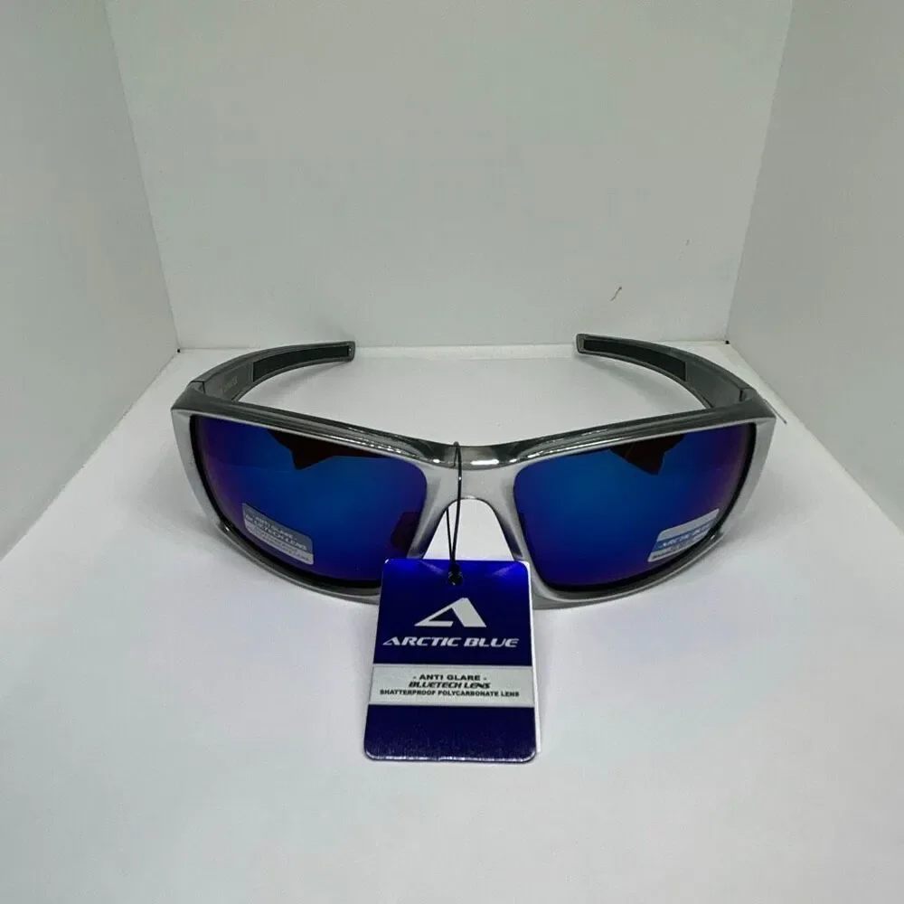 Arctic Blue Wrap Sunglasses Silver Frame Blue Mirror Lens UV400 Sport
